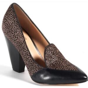 BELLE Sigerson Morrison black white animal calf hair leather triangle heel pumps